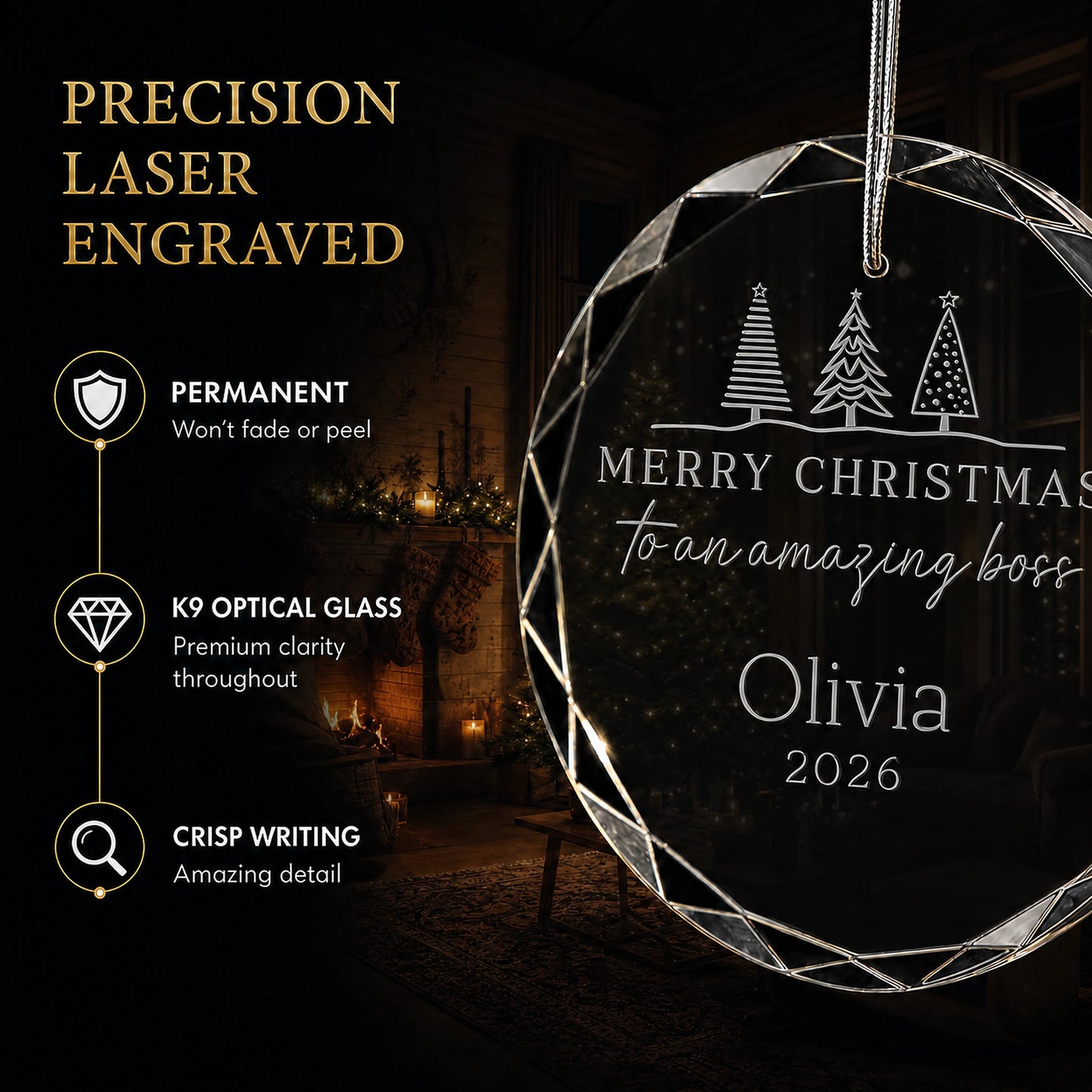 Close up of precision laser engraving on the custom Amazing Boss glass ornament, permanent lettering that will not fade or peel