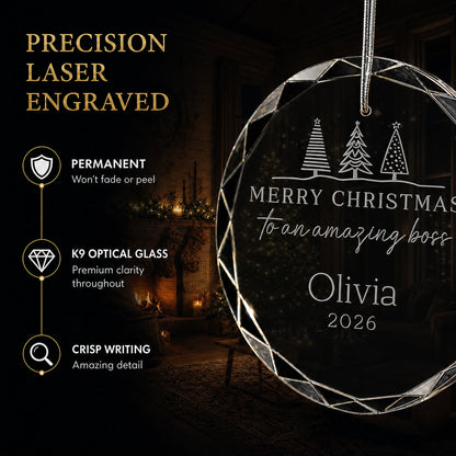 Close up of precision laser engraving on the custom Amazing Boss glass ornament, permanent lettering that will not fade or peel