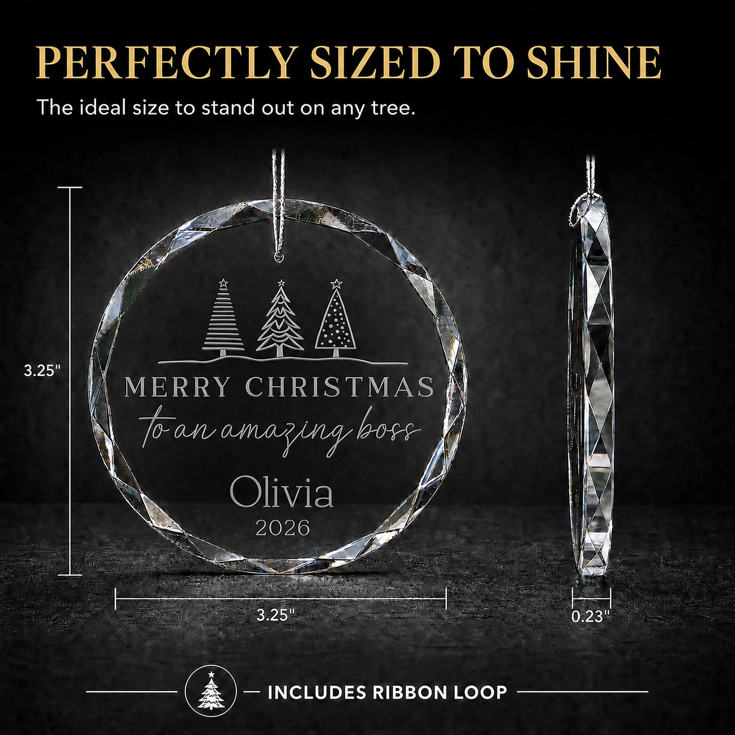 Size guide for the personalized Amazing Boss glass ornament, 3.25 inches tall by 3.25 inches wide and 0.23 inches thick