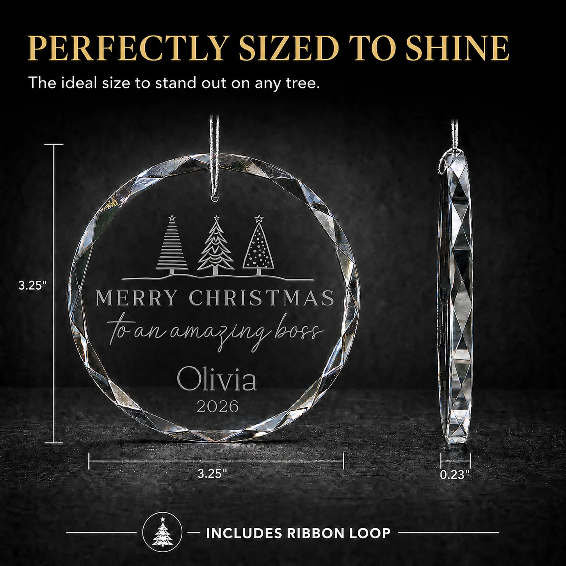 Size guide for the personalized Amazing Boss glass ornament, 3.25 inches tall by 3.25 inches wide and 0.23 inches thick
