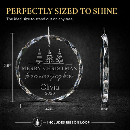 Size guide for the personalized Amazing Boss glass ornament, 3.25 inches tall by 3.25 inches wide and 0.23 inches thick