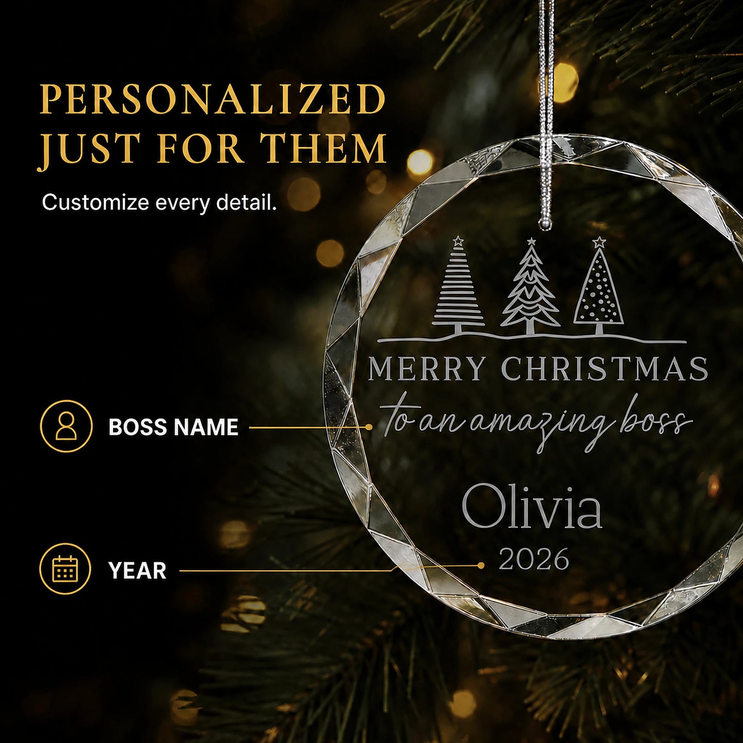 Personalization options on the Amazing Boss glass ornament, custom boss name and year laser engraved beneath the Christmas trees
