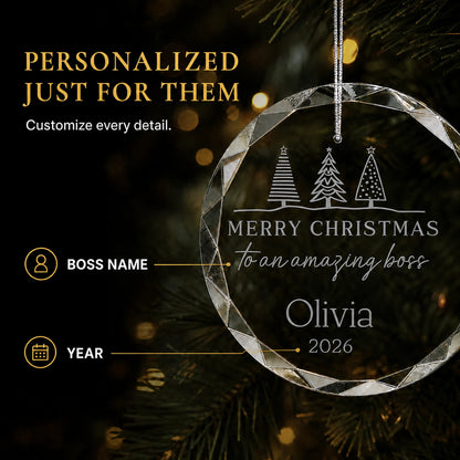 Personalization options on the Amazing Boss glass ornament, custom boss name and year laser engraved beneath the Christmas trees