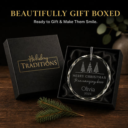 Personalized Amazing Boss glass ornament arrives in a black Holiday Traditions gift box, ready to give