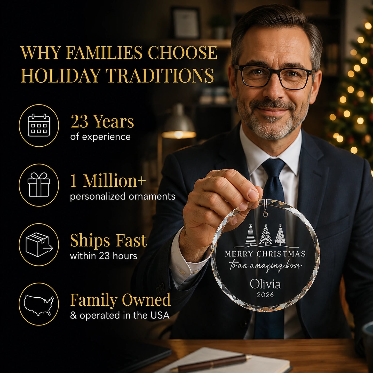 Boss in a suit holding his personalized Amazing Boss glass ornament at the office, Holiday Traditions is family owned in the USA and ships within 23 hours