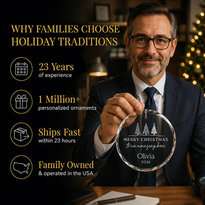 Boss in a suit holding his personalized Amazing Boss glass ornament at the office, Holiday Traditions is family owned in the USA and ships within 23 hours