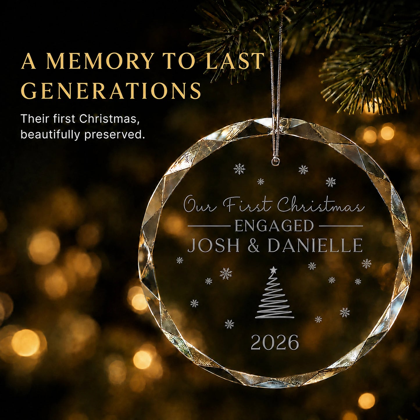 Personalized first Christmas engaged ornament in K9 optical glass hanging on a lit tree, engraved with the couple's names and engagement year