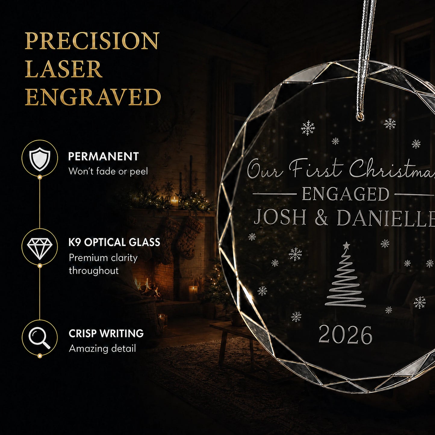 Close up of precision laser engraving on the custom first Christmas engaged glass ornament, permanent lettering that will not fade or peel