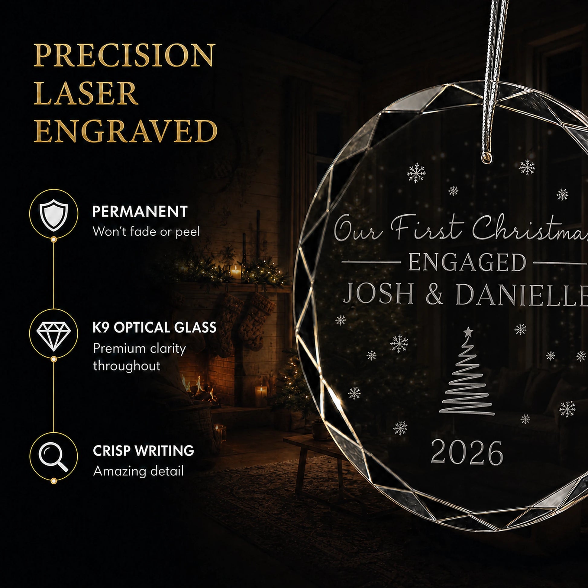 Close up of precision laser engraving on the custom first Christmas engaged glass ornament, permanent lettering that will not fade or peel