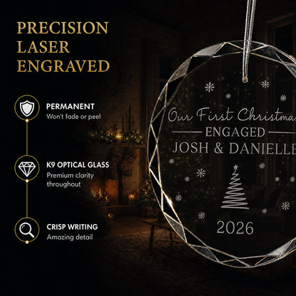Close up of precision laser engraving on the custom first Christmas engaged glass ornament, permanent lettering that will not fade or peel