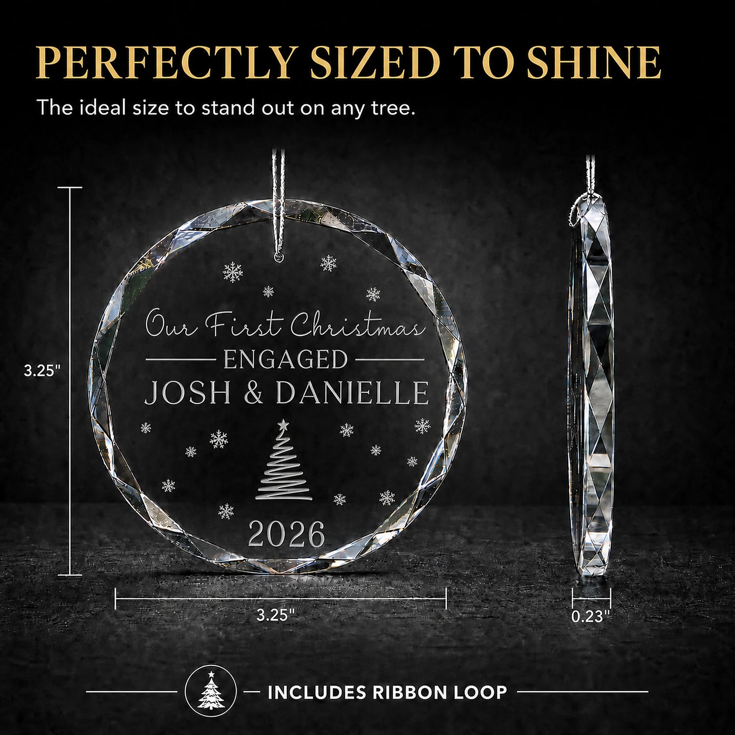 Size guide for the personalized first Christmas engaged glass ornament, 3.25 inches tall by 3.25 inches wide and 0.23 inches thick