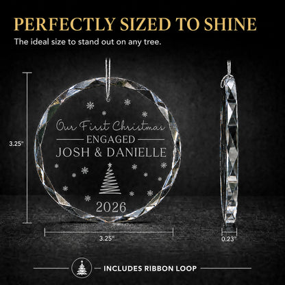 Size guide for the personalized first Christmas engaged glass ornament, 3.25 inches tall by 3.25 inches wide and 0.23 inches thick
