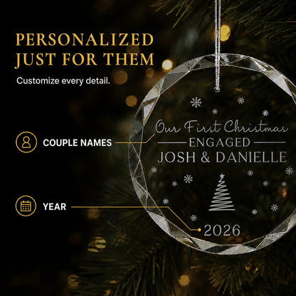 Personalization options on the first Christmas engaged glass ornament, custom couple names and year laser engraved above the Christmas tree design