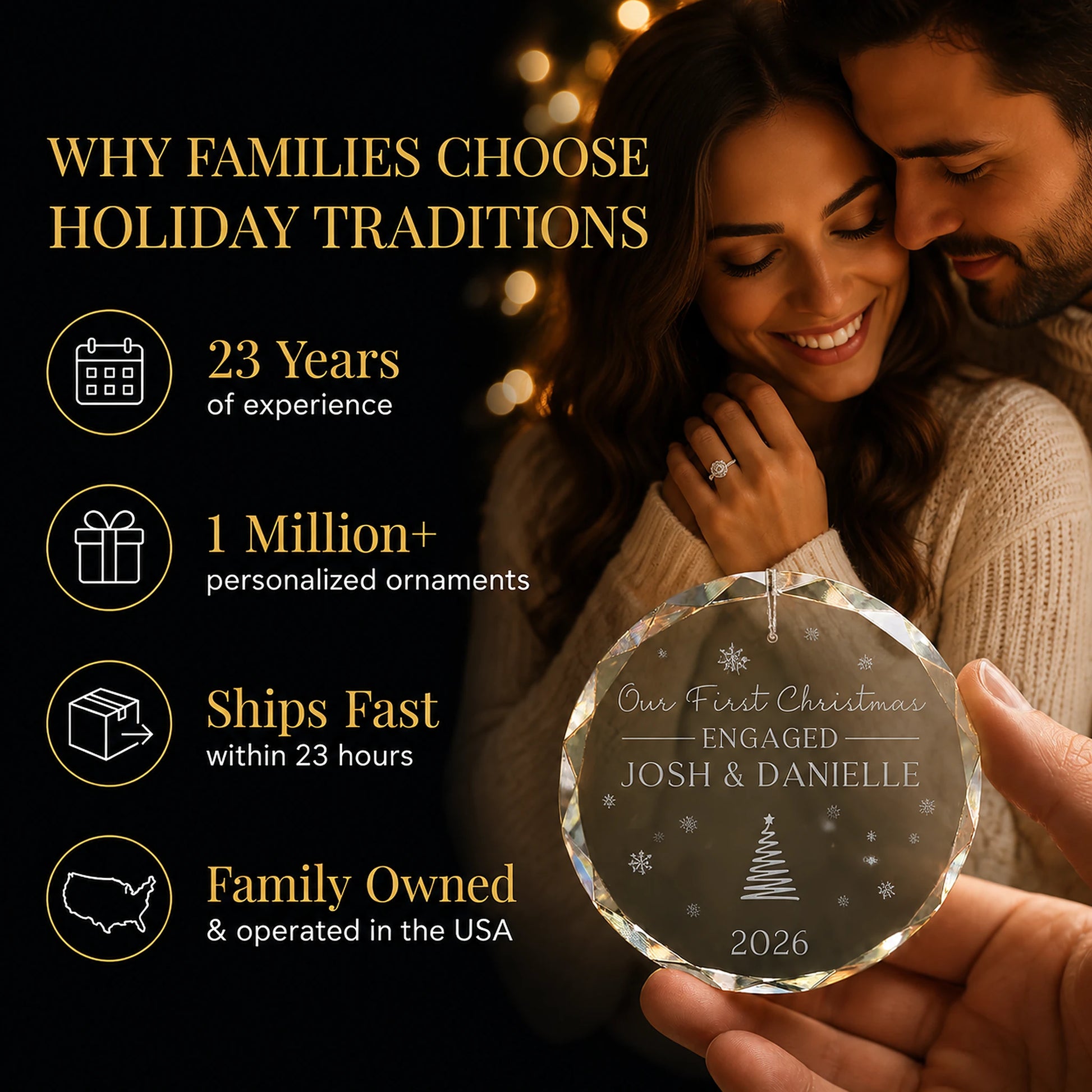 Engaged couple holding their personalized first Christmas engaged glass ornament, Holiday Traditions is family owned in the USA and ships within 23 hours