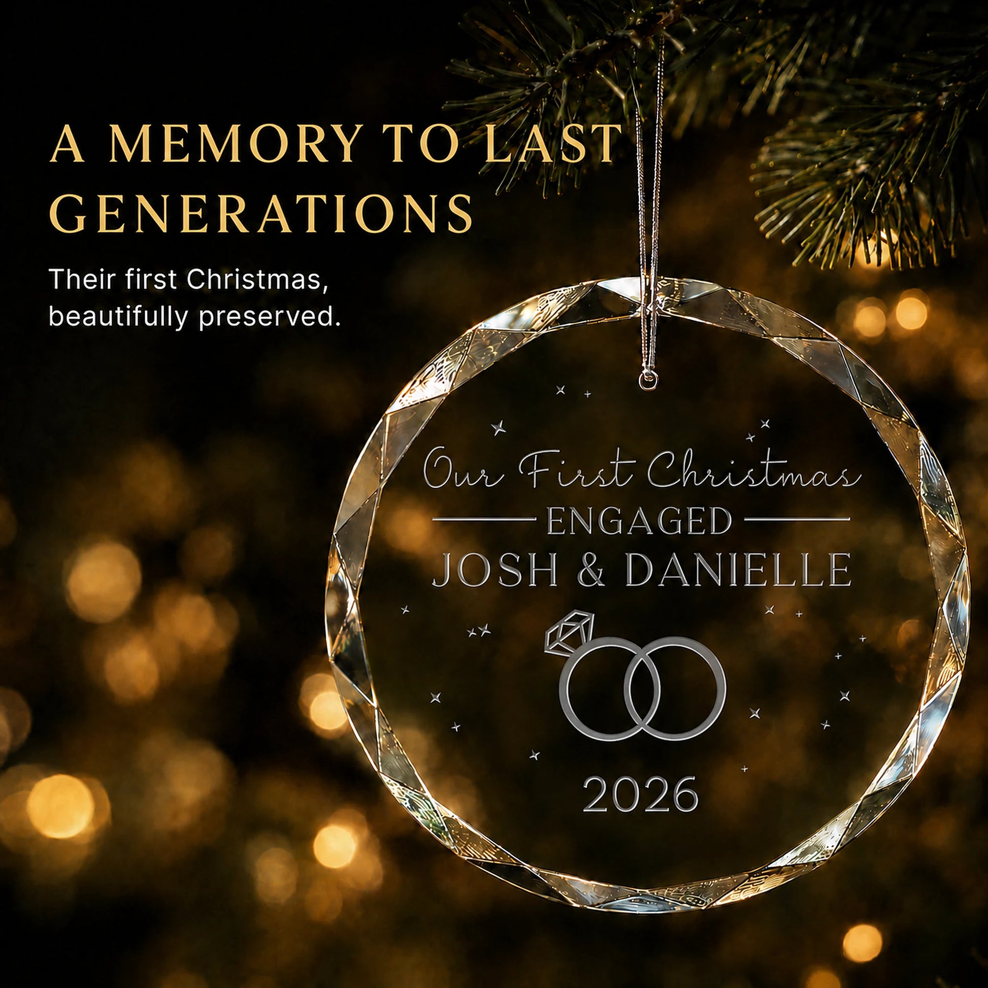 Personalized first Christmas engaged ornament in K9 optical glass hanging on a lit tree, engraved with two rings, the couple's names and engagement year