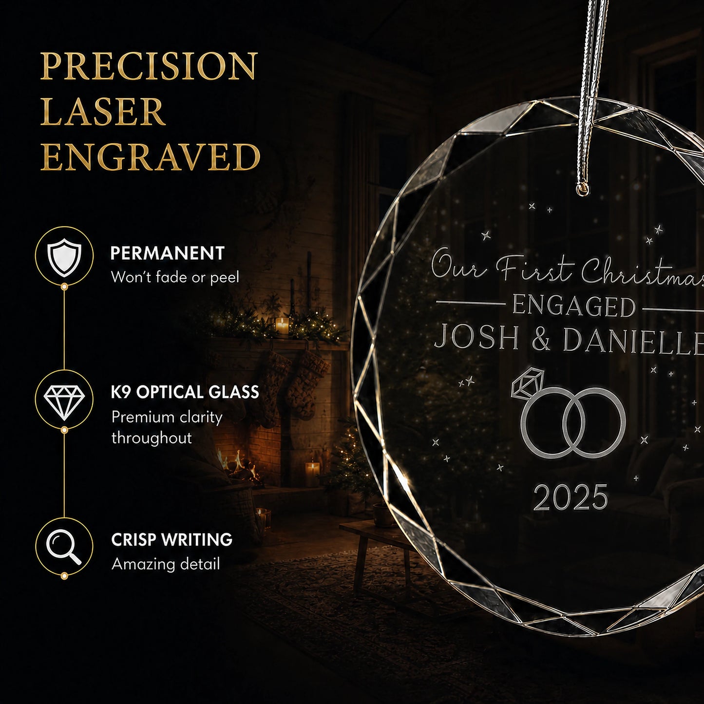 Close up of precision laser engraving on the custom first Christmas engaged glass ornament, permanent lettering that will not fade or peel
