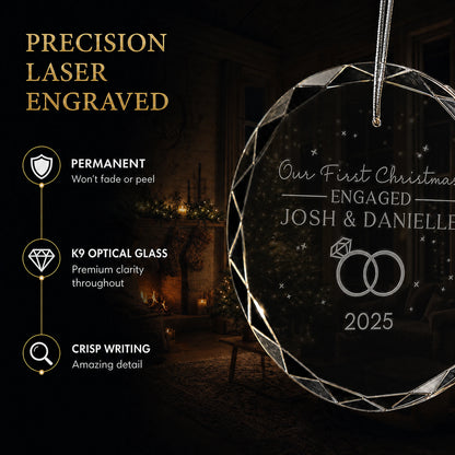 Close up of precision laser engraving on the custom first Christmas engaged glass ornament, permanent lettering that will not fade or peel