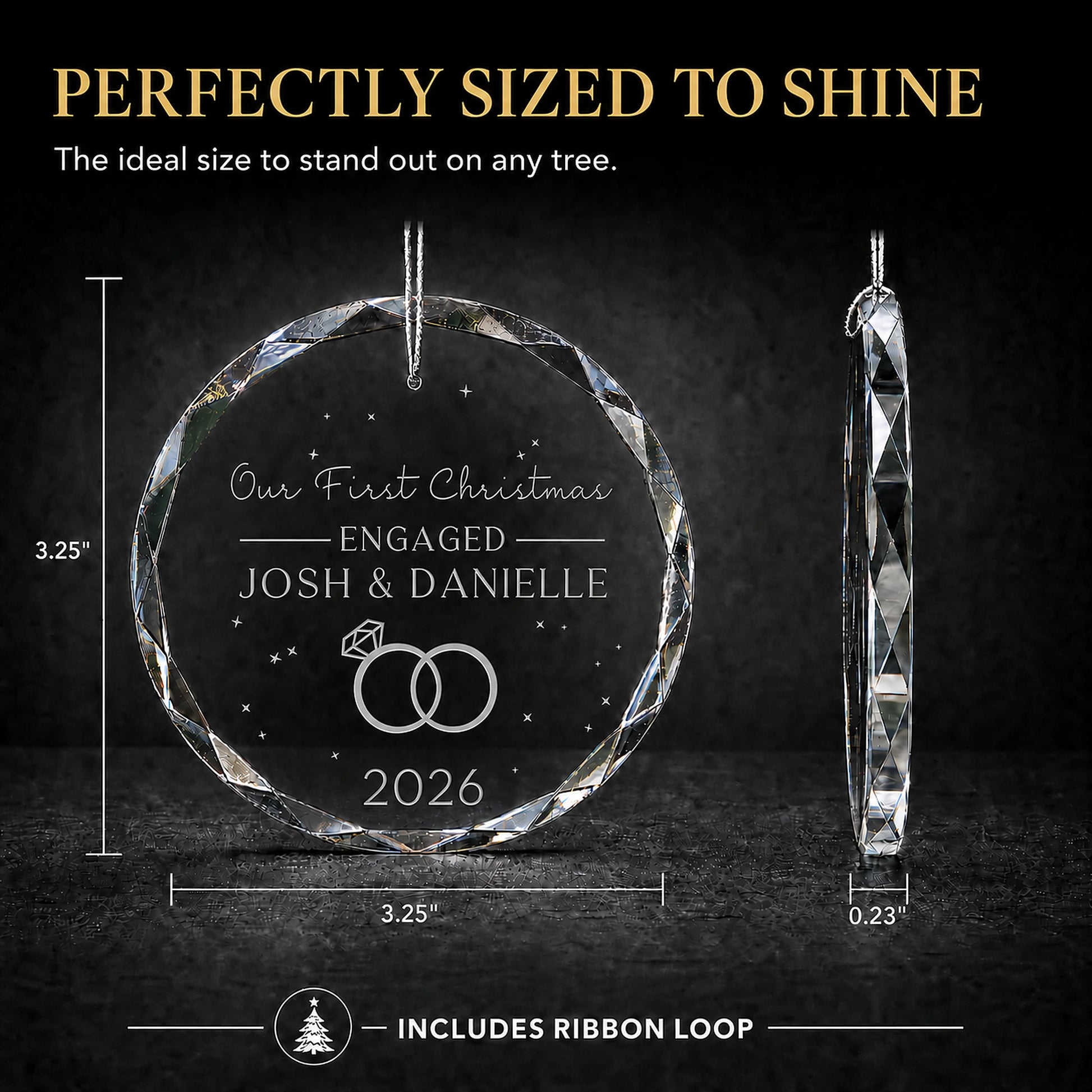 Size guide for the personalized first Christmas engaged glass ornament, 3.25 inches tall by 3.25 inches wide and 0.23 inches thick