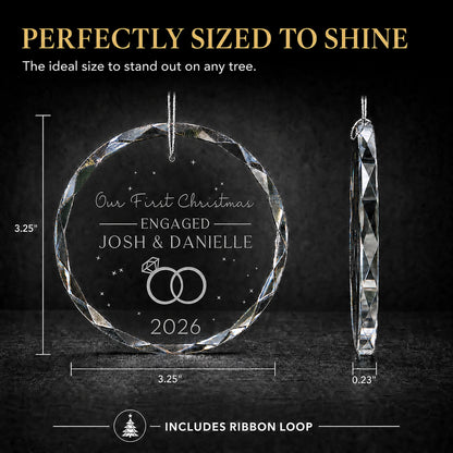 Size guide for the personalized first Christmas engaged glass ornament, 3.25 inches tall by 3.25 inches wide and 0.23 inches thick