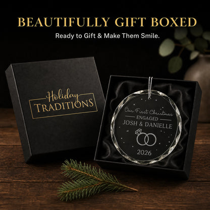 Personalized first Christmas engaged glass ornament arrives in a black Holiday Traditions gift box, ready to give