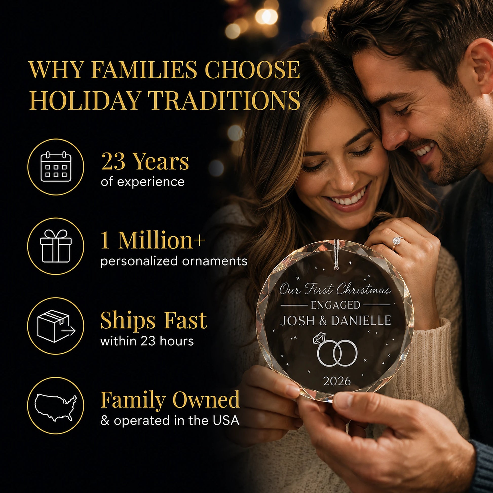 Engaged couple holding their personalized first Christmas engaged glass ornament, Holiday Traditions is family owned in the USA and ships within 23 hours