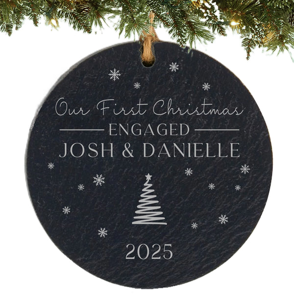 Our First Christmas As Engaged Couple Personalized Slate Ornament rustic keepsake with custom names and year