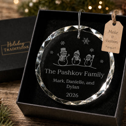 Snowman Family of 3 Glass Personalized Christmas Ornament