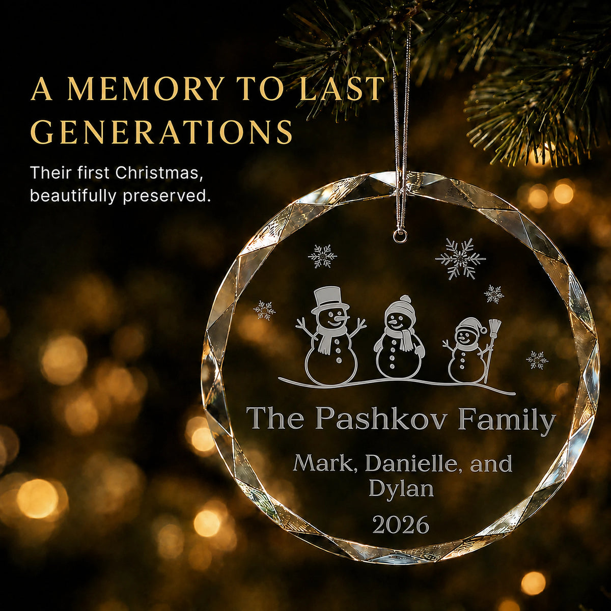 Snowman Family of 3 Glass Personalized Christmas Ornament