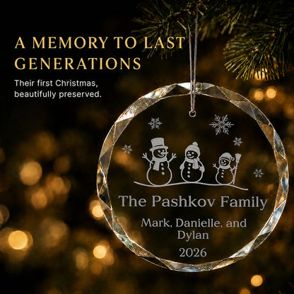 Snowman Family of 3 Glass Personalized Christmas Ornament