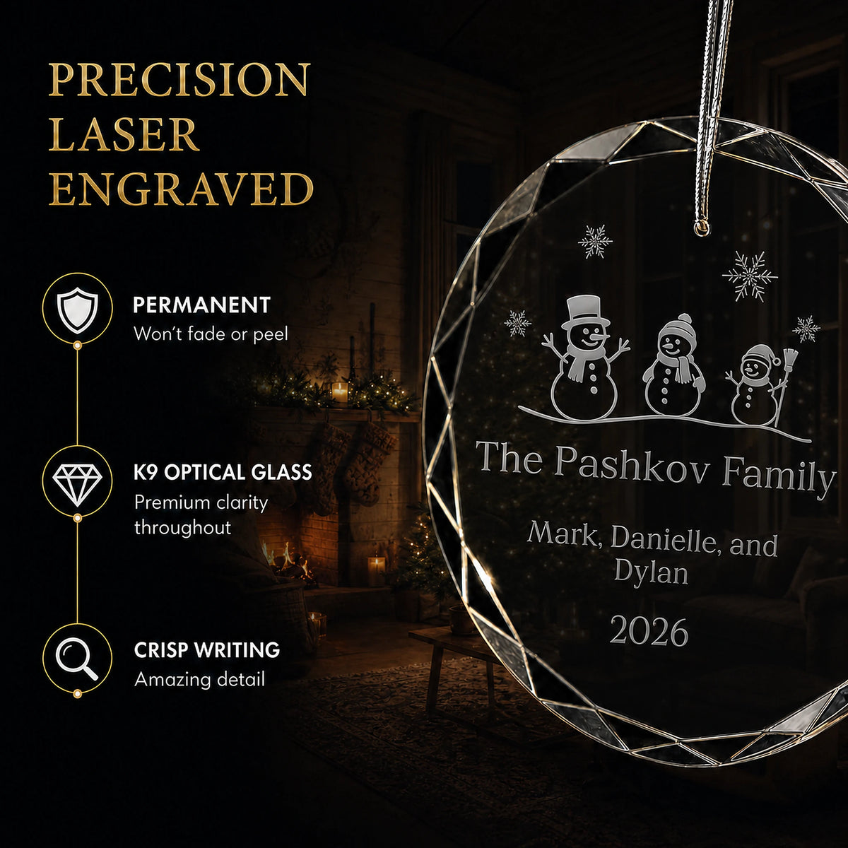 Snowman Family of 3 Glass Personalized Christmas Ornament