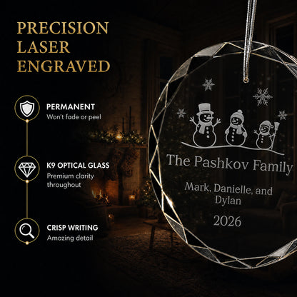 Snowman Family of 3 Glass Personalized Christmas Ornament