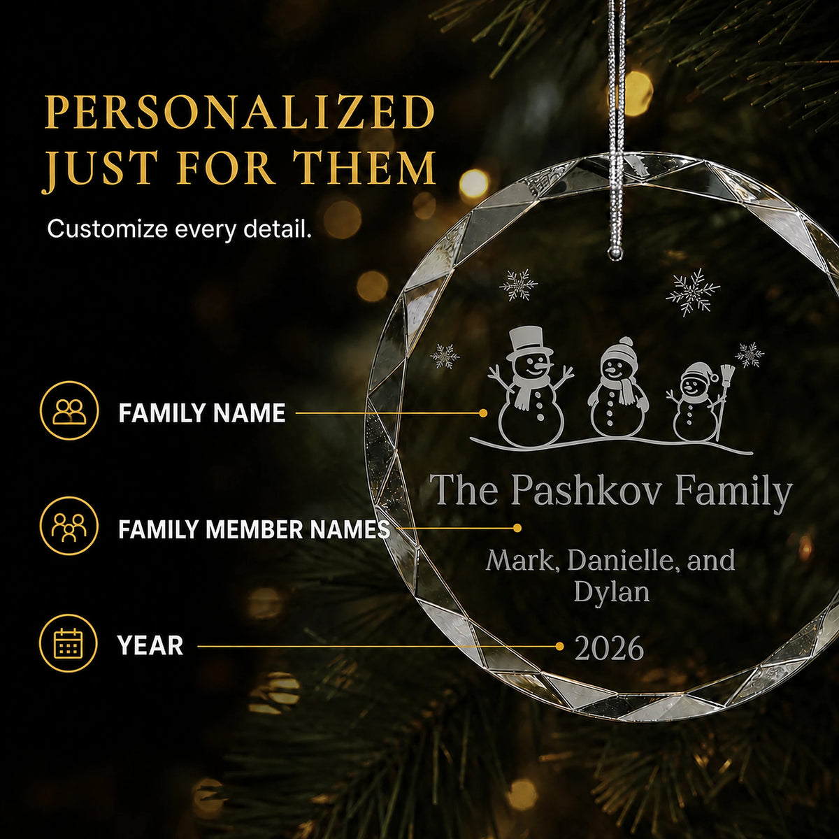 Snowman Family of 3 Glass Personalized Christmas Ornament