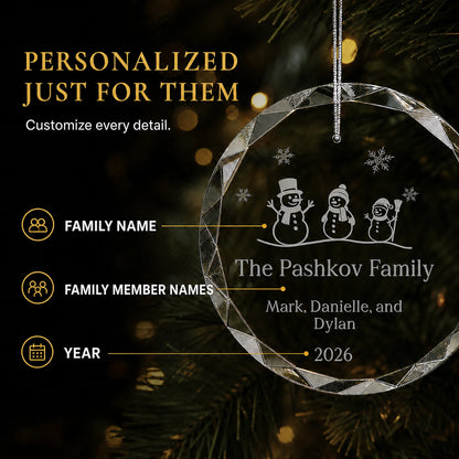 Snowman Family of 3 Glass Personalized Christmas Ornament