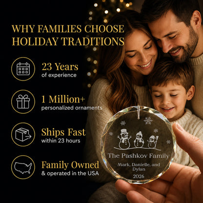 Snowman Family of 3 Glass Personalized Christmas Ornament