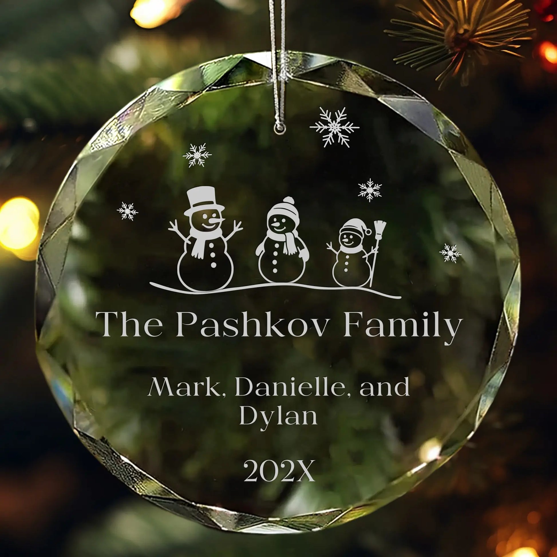 Crystal snowman family ornament with personalized family name and year