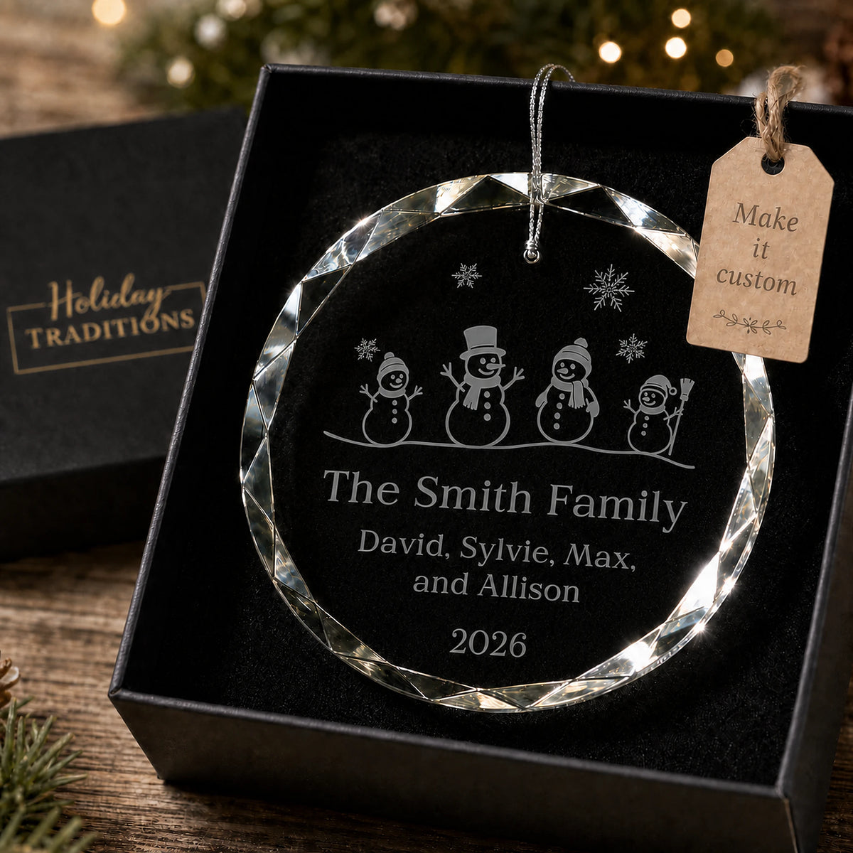 Snowman Family of 4 Glass Personalized Christmas Ornament