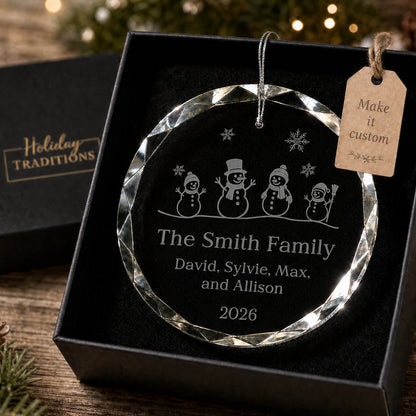 Snowman Family of 4 Glass Personalized Christmas Ornament