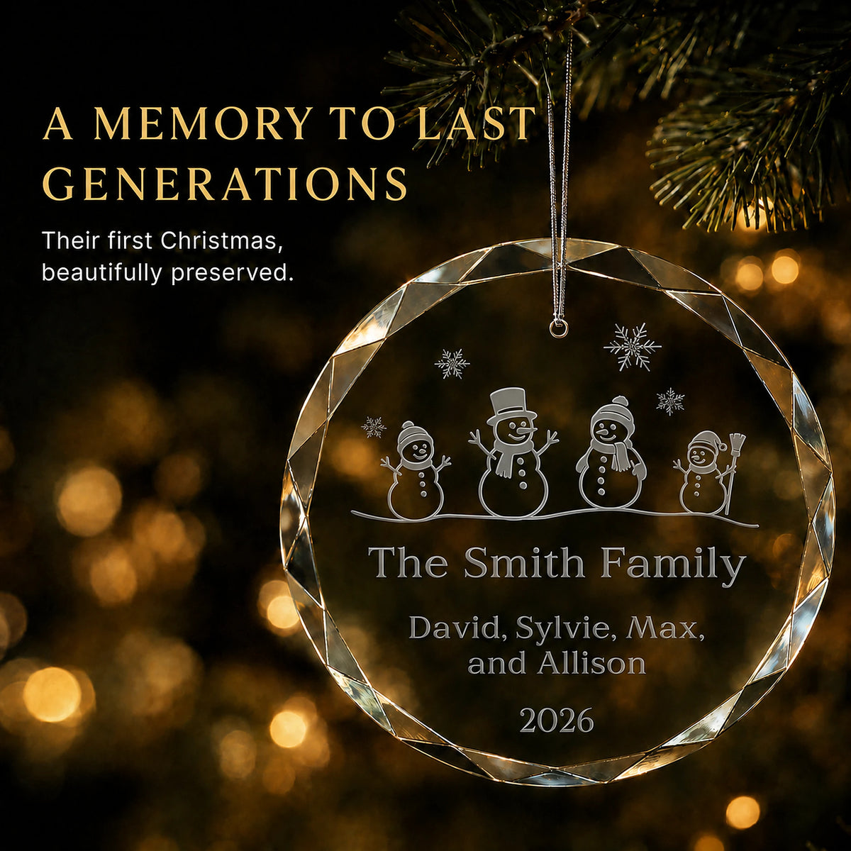 Snowman Family of 4 Glass Personalized Christmas Ornament