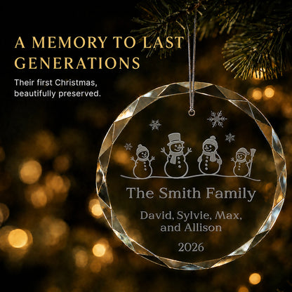Snowman Family of 4 Glass Personalized Christmas Ornament