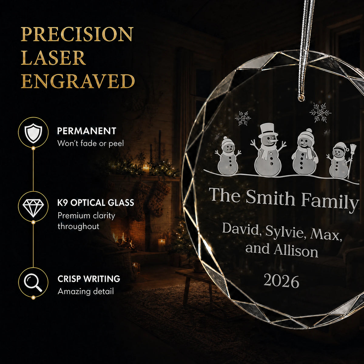 Snowman Family of 4 Glass Personalized Christmas Ornament