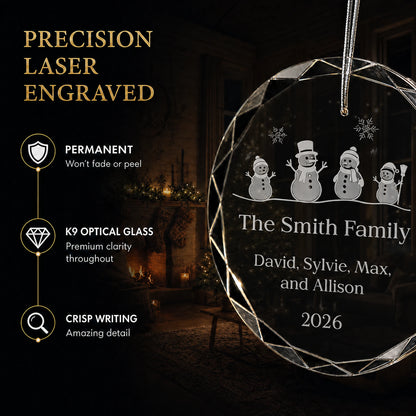Snowman Family of 4 Glass Personalized Christmas Ornament