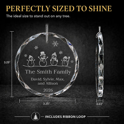 Snowman Family of 4 Glass Personalized Christmas Ornament