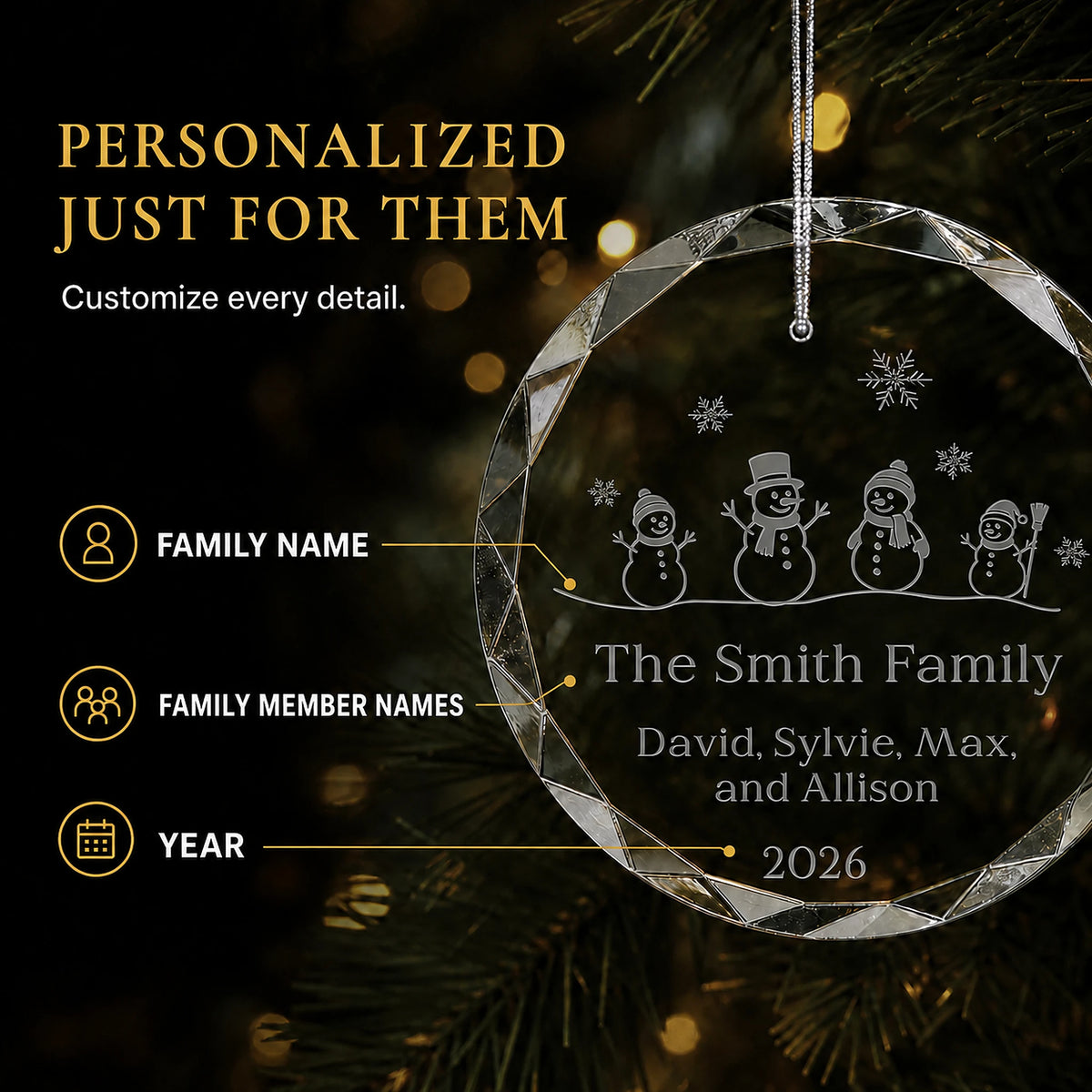 Snowman Family of 4 Glass Personalized Christmas Ornament