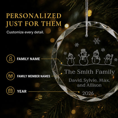 Snowman Family of 4 Glass Personalized Christmas Ornament