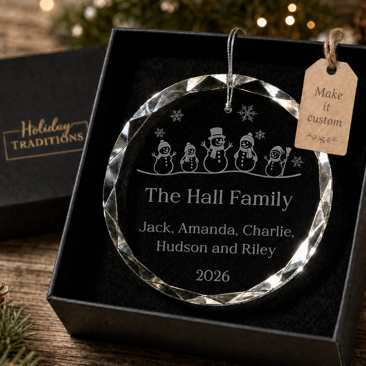 Snowman Family of 5 Glass Personalized Christmas Ornament