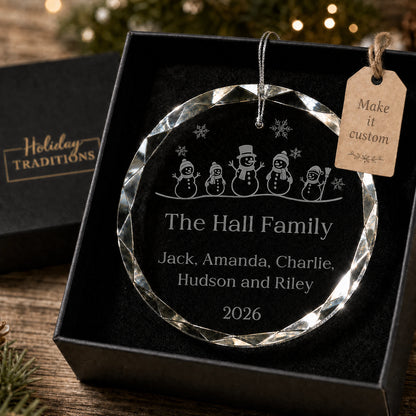 Snowman Family of 5 Glass Personalized Christmas Ornament