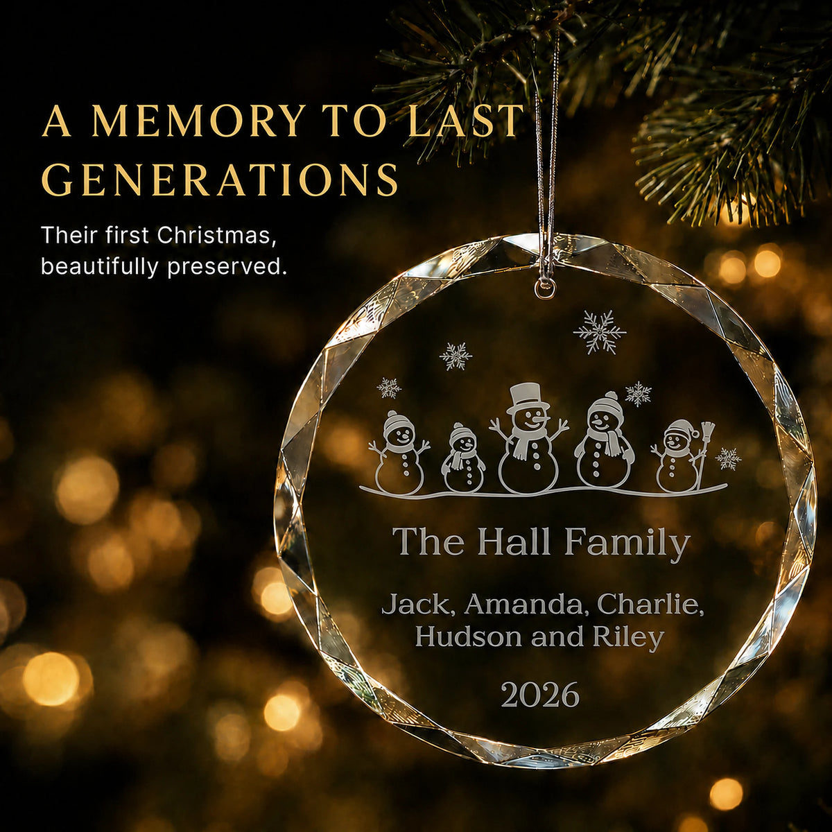 Snowman Family of 5 Glass Personalized Christmas Ornament