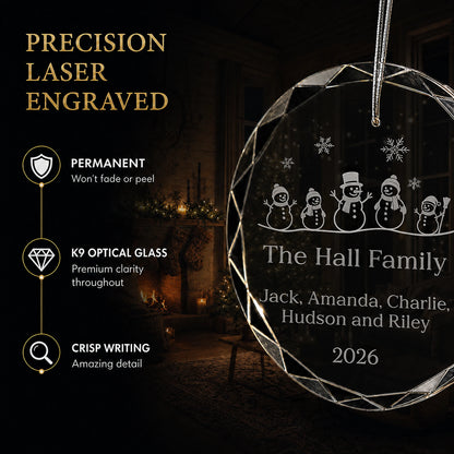 Snowman Family of 5 Glass Personalized Christmas Ornament