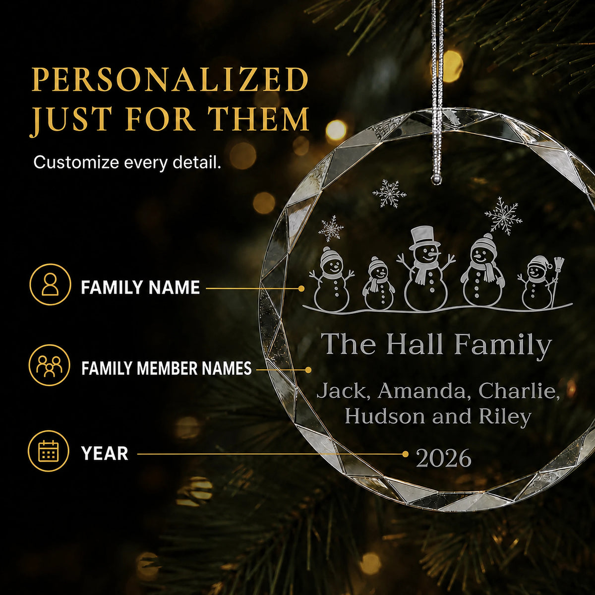 Snowman Family of 5 Glass Personalized Christmas Ornament
