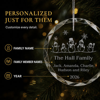 Snowman Family of 5 Glass Personalized Christmas Ornament